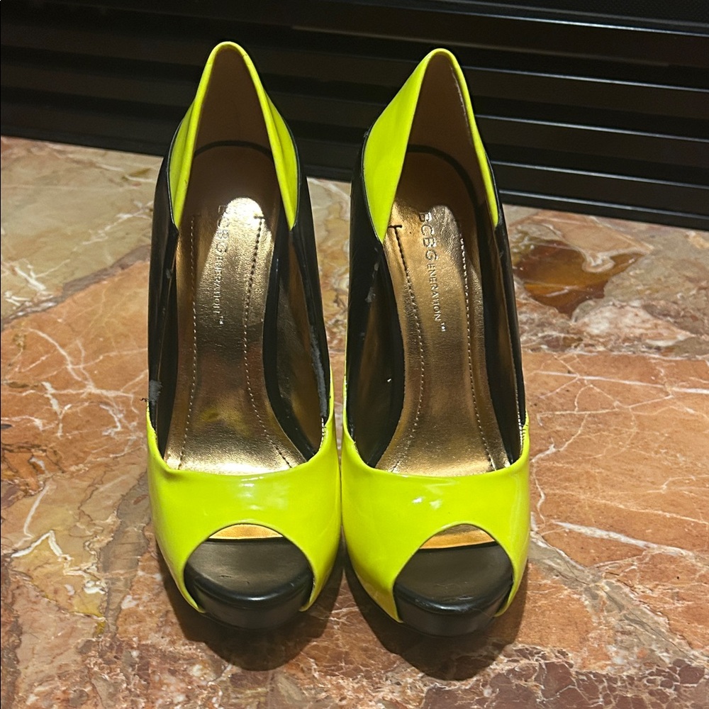 BCBGMaxAzria Neon Yellow and Black Peep Toe Heels